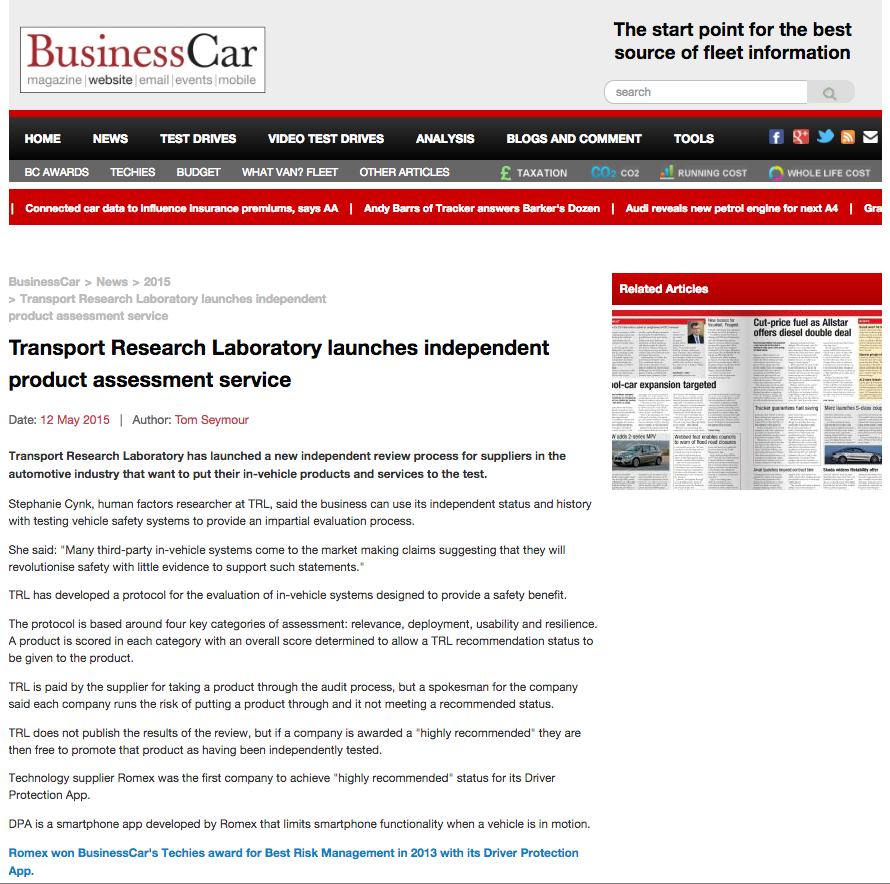 Business Car - Transport Research Laboratory launches independent product assessment service